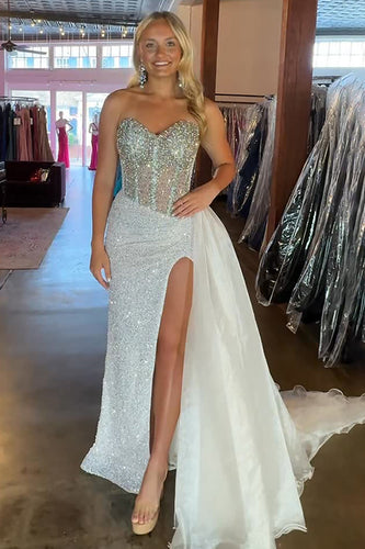 Sparkly White Sequin Sweetheart Maxi Prom Dress with Side Cape