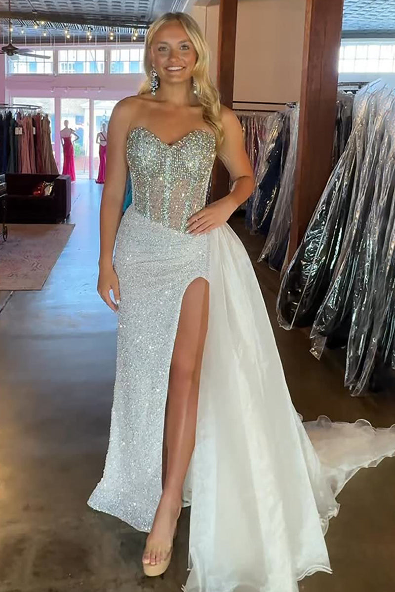 Load image into Gallery viewer, Sparkly White Sequin Sweetheart Maxi Prom Dress with Side Cape
