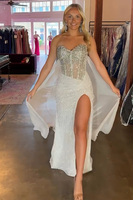 Load image into Gallery viewer, Sparkly White Sequin Sweetheart Maxi Prom Dress with Side Cape