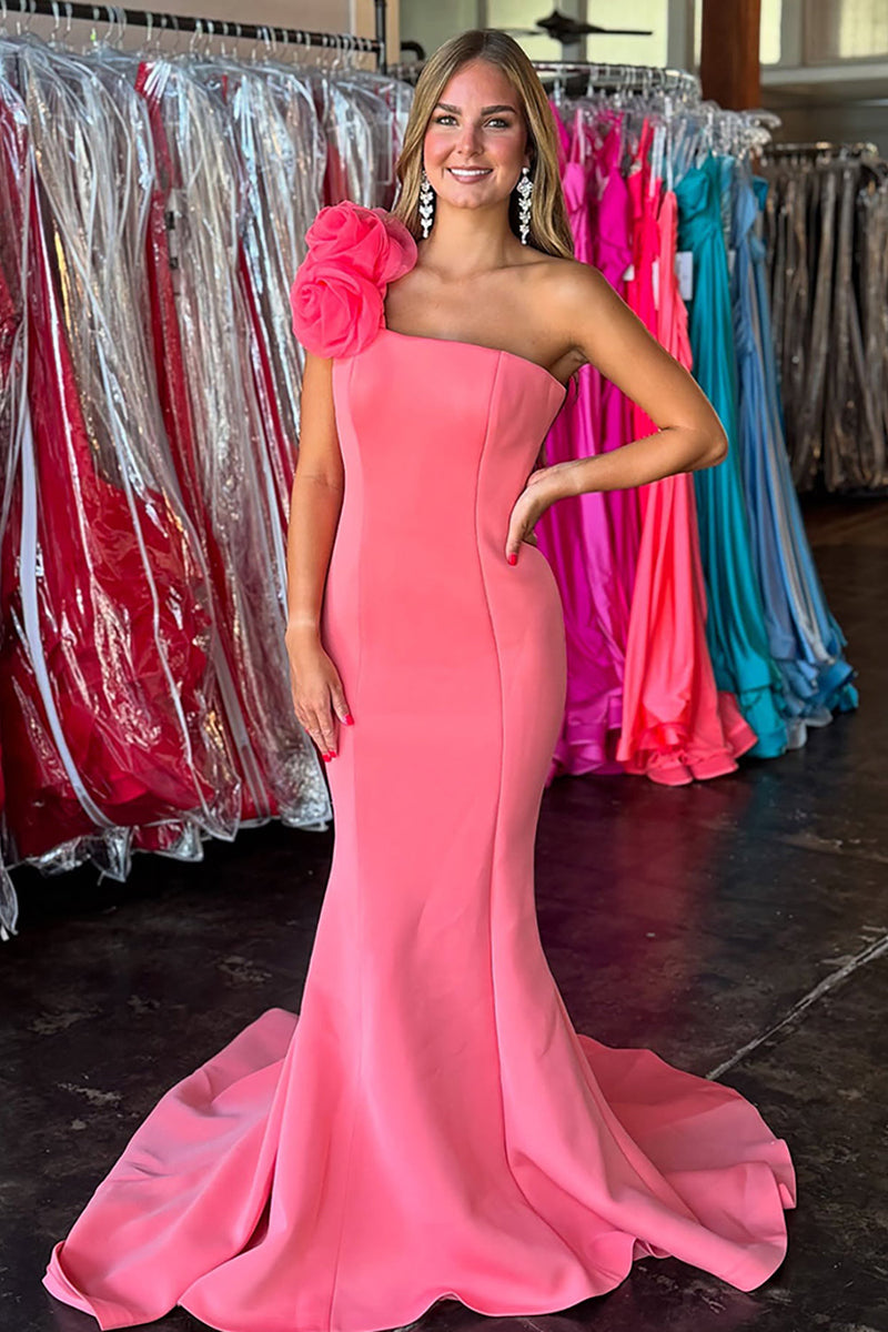 Load image into Gallery viewer, Coral Satin One Shoulder Mermaid Maxi Prom Dress with 3D Flower