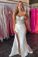 Load image into Gallery viewer, Sparkly White Beaded Spaghetti Straps Corset Maxi Ruched Prom Dress with Slit
