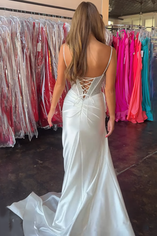 Sparkly White Beaded Spaghetti Straps Corset Maxi Ruched Prom Dress with Slit