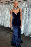 Load image into Gallery viewer, Navy Velvet Spaghetti Straps Mermaid Maxi Holiday Party Dress