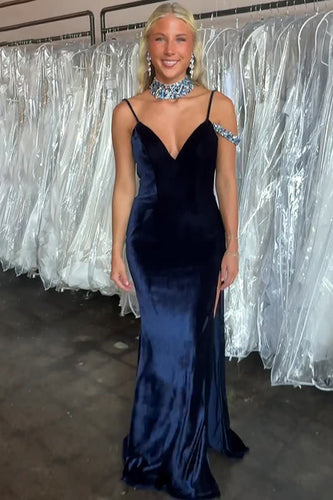 Navy Velvet Spaghetti Straps Mermaid Maxi Holiday Party Dress