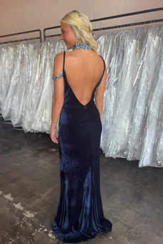 Navy Velvet Spaghetti Straps Mermaid Maxi Holiday Party Dress