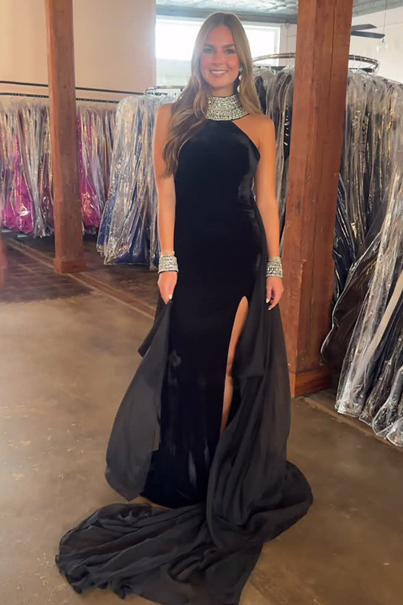 Load image into Gallery viewer, Sparkly Black Beaded Mermaid Maxi Prom Dress with Cape