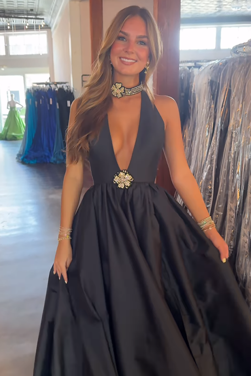 Load image into Gallery viewer, Black Satin A Line Deep V Neck Maxi Prom Dress