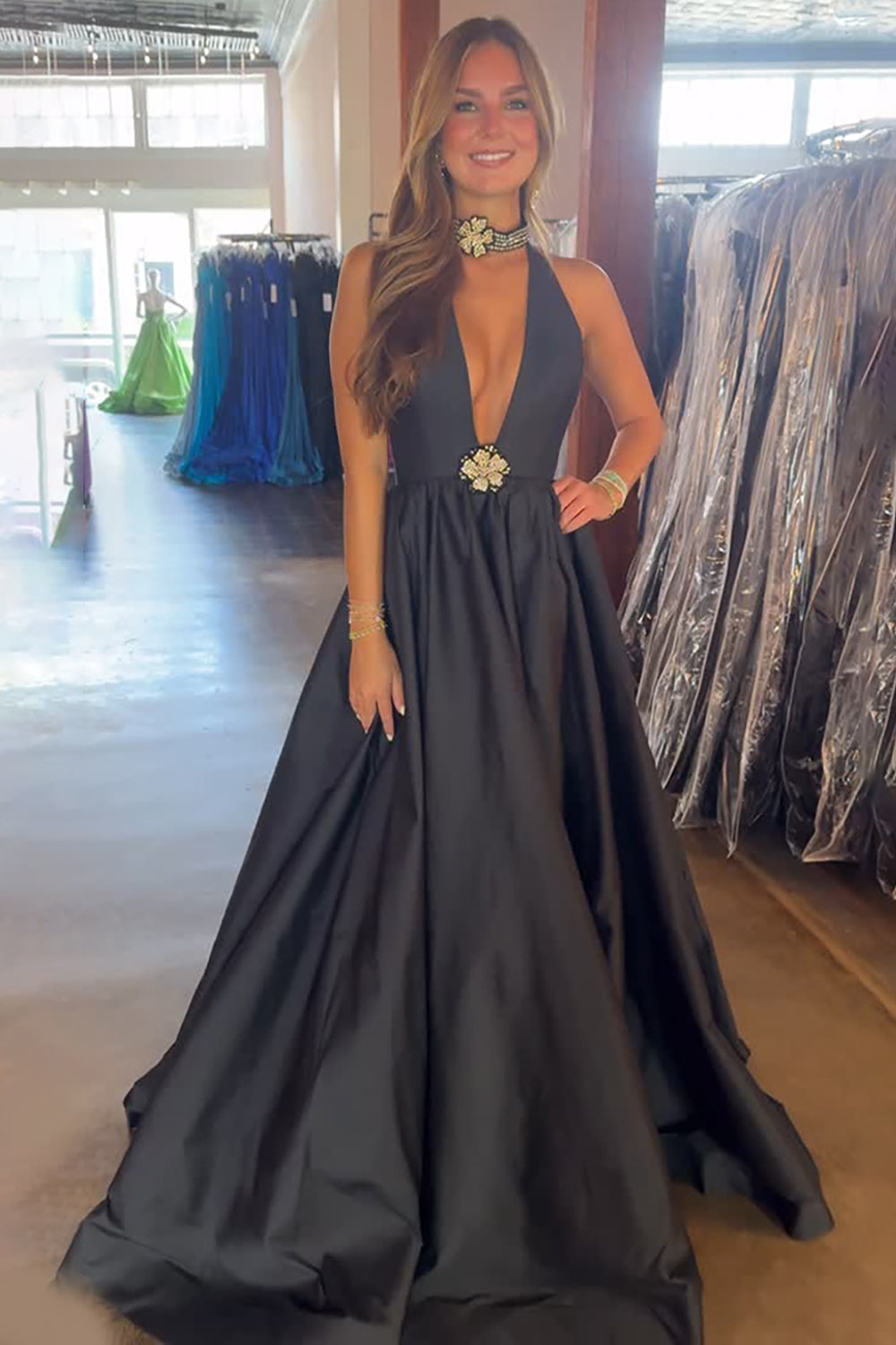 Black Satin A Line Deep V Neck Maxi Prom Dress