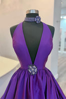 Load image into Gallery viewer, Black Satin A Line Deep V Neck Maxi Prom Dress