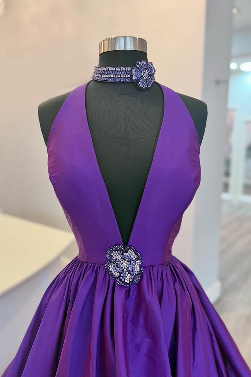 Load image into Gallery viewer, Black Satin A Line Deep V Neck Maxi Prom Dress