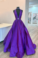 Load image into Gallery viewer, Black Satin A Line Deep V Neck Maxi Prom Dress