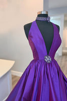 Load image into Gallery viewer, Black Satin A Line Deep V Neck Maxi Prom Dress