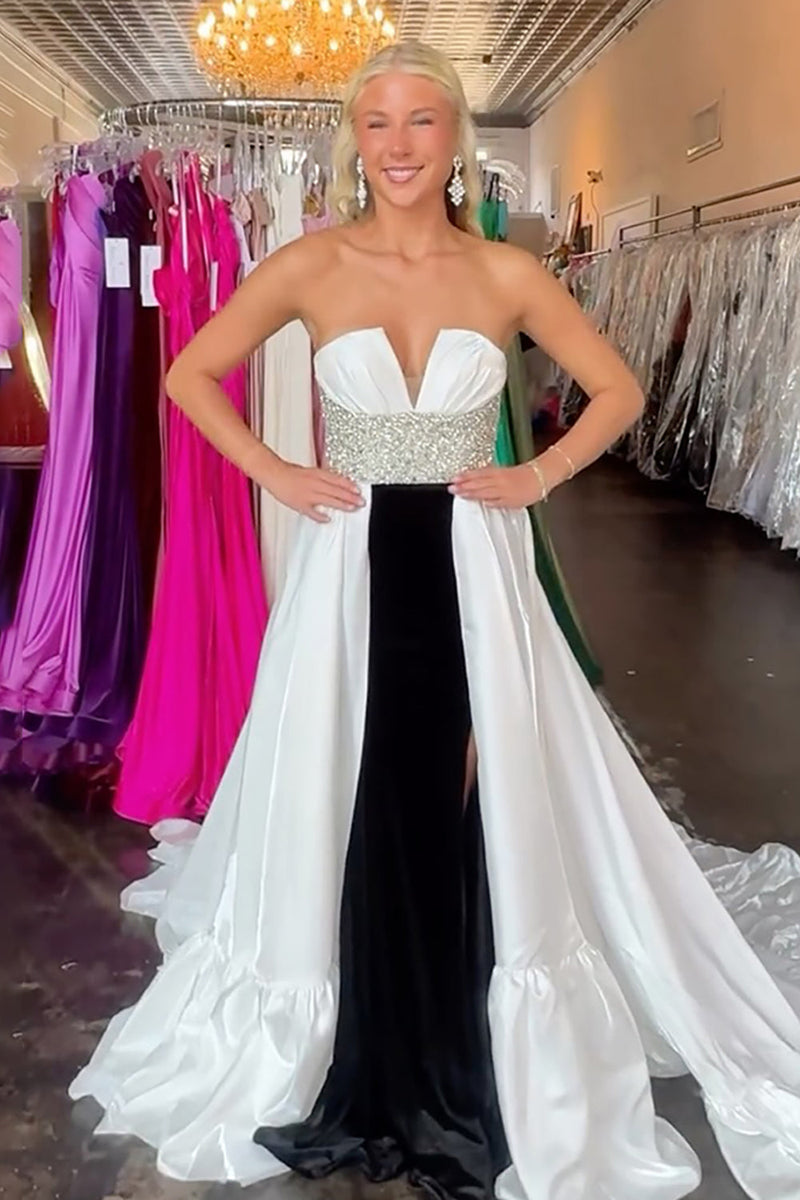 Load image into Gallery viewer, Sparkly Black and White Beaded Strapless Maxi Prom Dress