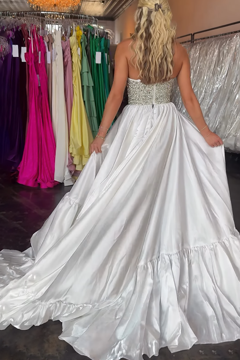 Load image into Gallery viewer, Sparkly Black and White Beaded Strapless Maxi Prom Dress