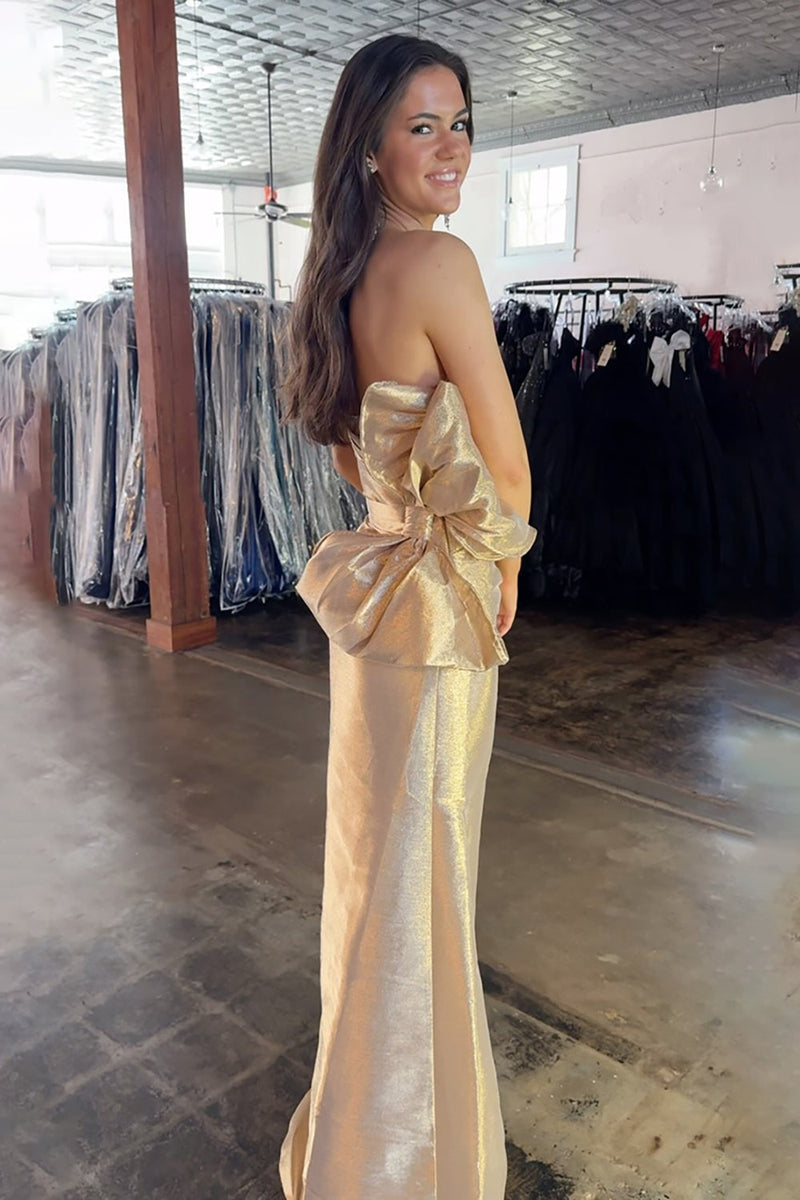 Load image into Gallery viewer, Gold Sheath Strapless Long Prom Dress with Bow
