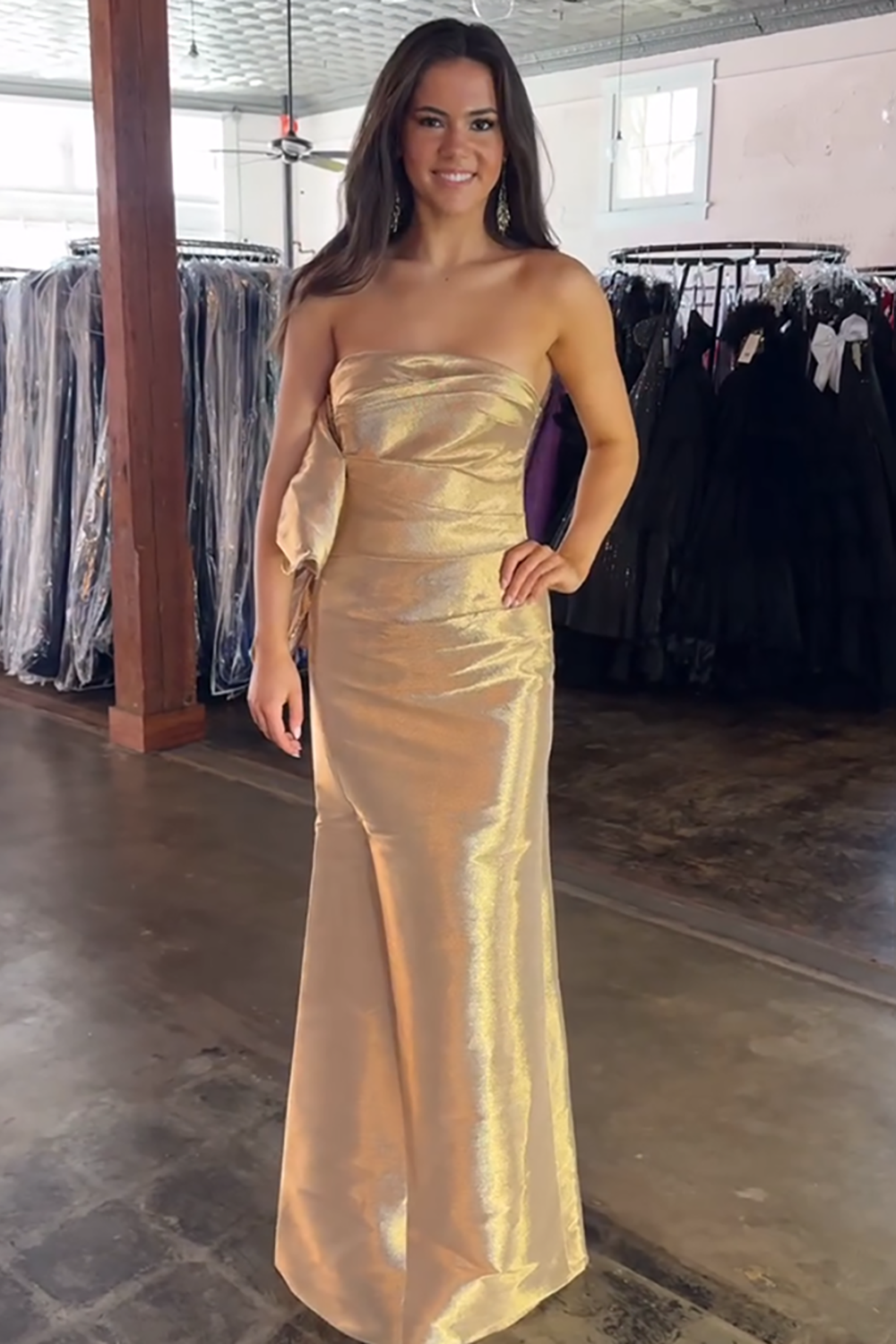 Gold Sheath Strapless Long Prom Dress with Bow