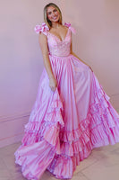Load image into Gallery viewer, Pink Ruffled V Neck Maxi Prom Dress with Appliques