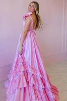Load image into Gallery viewer, Pink Ruffled V Neck Maxi Prom Dress with Appliques