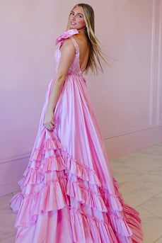 Pink Ruffled V Neck Maxi Prom Dress with Appliques