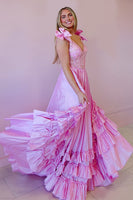 Load image into Gallery viewer, Pink Ruffled V Neck Maxi Prom Dress with Appliques