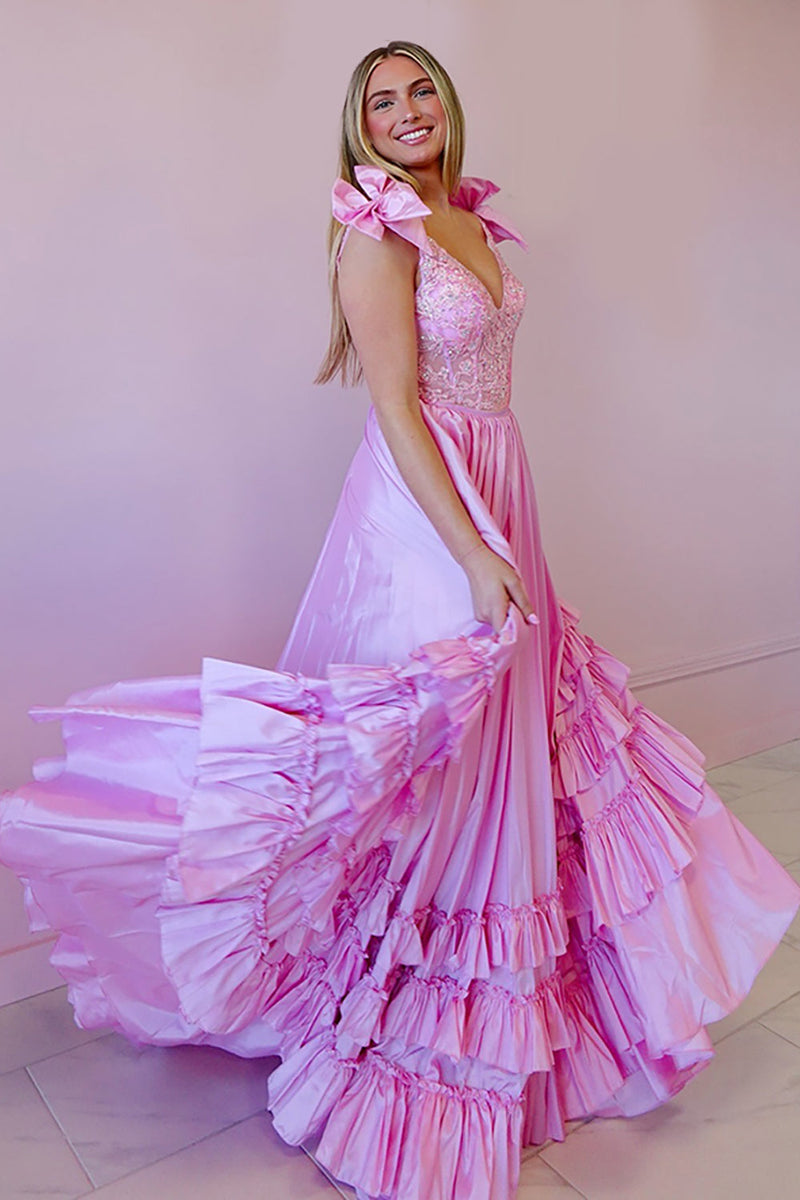 Load image into Gallery viewer, Pink Ruffled V Neck Maxi Prom Dress with Appliques