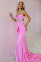 Load image into Gallery viewer, Sparkly Pink Beaded Mermaid Spaghetti Straps Maxi Corset Prom Dress