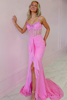 Load image into Gallery viewer, Sparkly Pink Beaded Mermaid Spaghetti Straps Maxi Corset Prom Dress