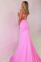 Load image into Gallery viewer, Sparkly Pink Beaded Mermaid Spaghetti Straps Maxi Corset Prom Dress