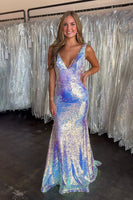 Load image into Gallery viewer, Sparkly Silver Sequin Mermaid V Neck Maxi Prom Dress