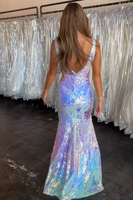 Load image into Gallery viewer, Sparkly Silver Sequin Mermaid V Neck Maxi Prom Dress