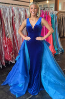 Load image into Gallery viewer, Royal Blue Mermaid V Neck Maxi Prom Dress with Cape