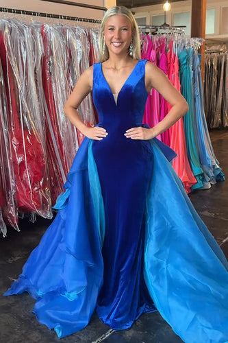 Royal Blue Mermaid V Neck Maxi Prom Dress with Cape