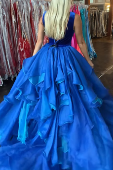 Royal Blue Mermaid V Neck Maxi Prom Dress with Cape