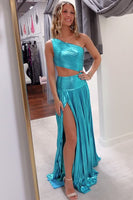 Load image into Gallery viewer, Turquoise Metallic Cut Out One Shoulder Long Prom Dress with Slit