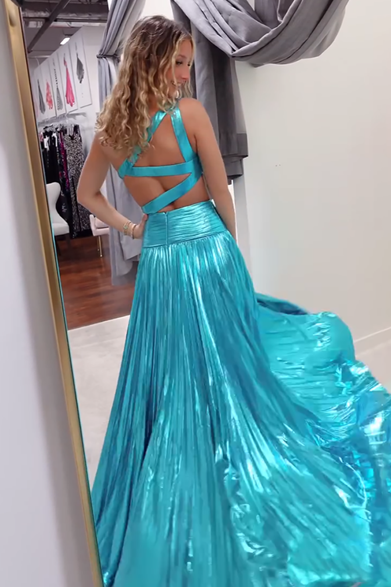 Load image into Gallery viewer, Turquoise Metallic Cut Out One Shoulder Long Prom Dress with Slit