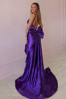 Load image into Gallery viewer, Purple Ruffled Thick Straps Corset Maxi Prom Dress with Bow
