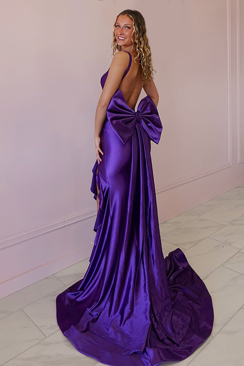 Load image into Gallery viewer, Purple Ruffled Thick Straps Corset Maxi Prom Dress with Bow