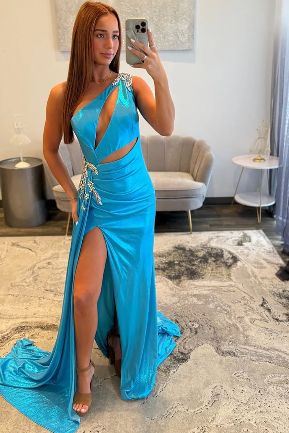 Blue Mermaid One Shoulder Cut Out Maxi Prom Dress with Appliques