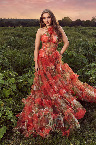 Rust Flower Tulle Halter Ruffled A Line Maxi Corset Prom Dress