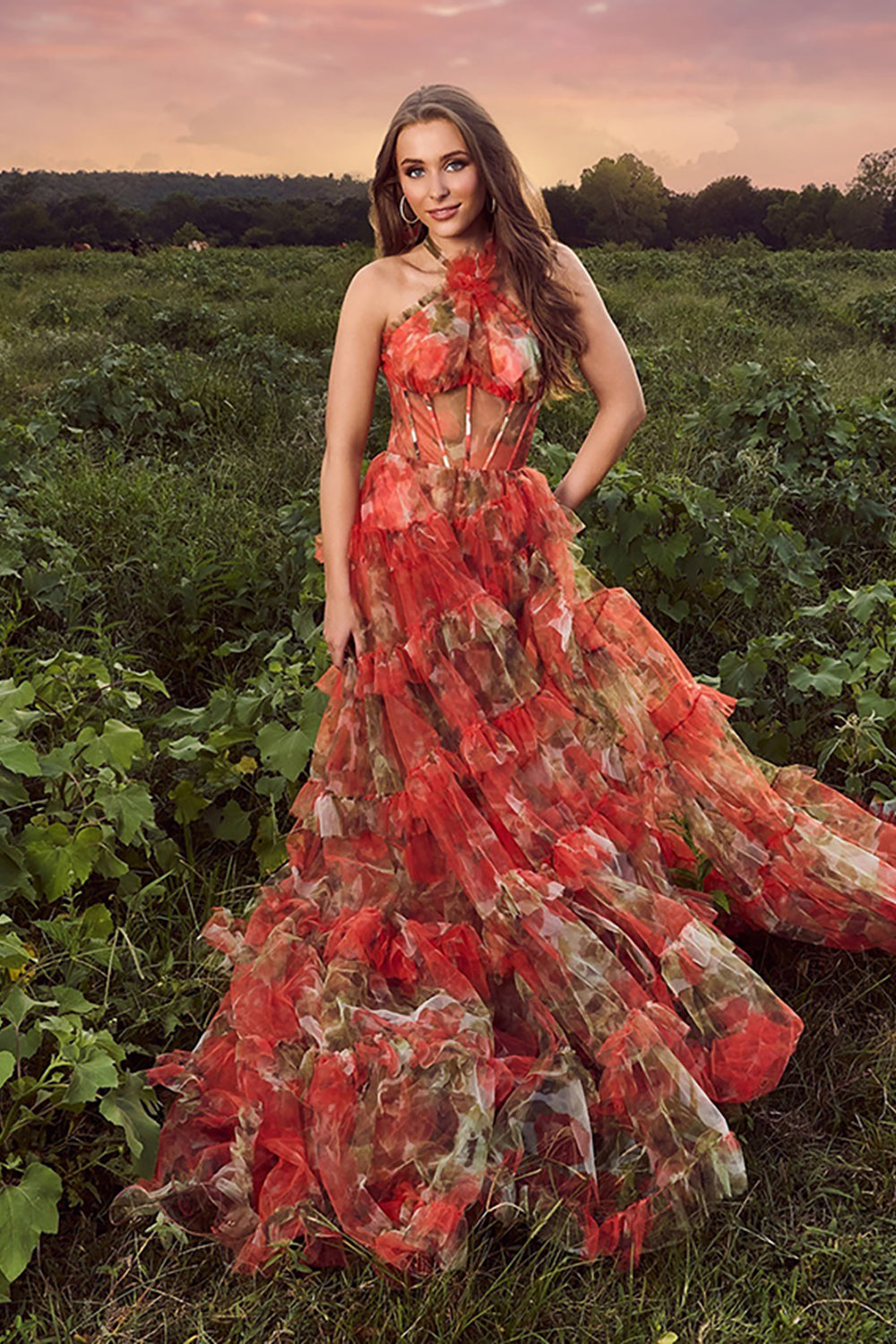 Rust Flower Tulle Halter Ruffled A Line Maxi Corset Prom Dress