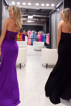 Sparkly Purple Corset Strapless Mermaid Long Prom Dress with Slit