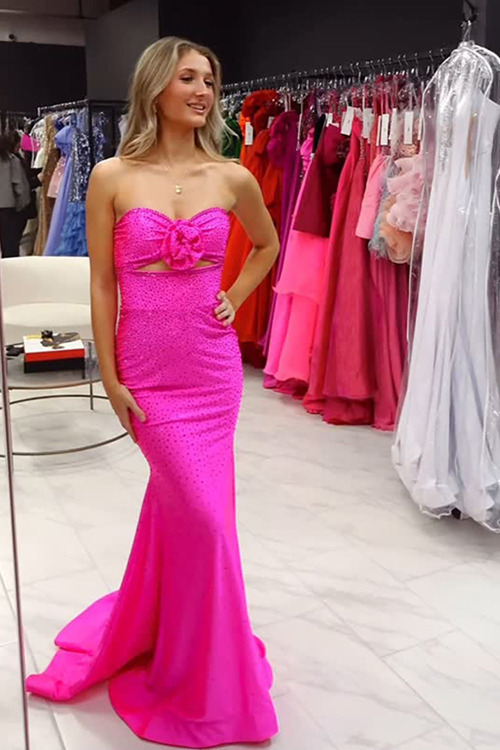 Sparkly Fuchsia Mermaid Sweetheart Long Prom Dress with Beading