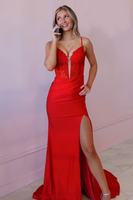 Load image into Gallery viewer, Navy Spaghetti Straps Mermaid Appliqued Corset Maxi Prom Dress with Slit