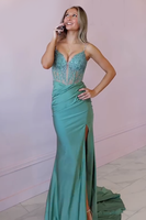 Load image into Gallery viewer, Navy Spaghetti Straps Mermaid Appliqued Corset Maxi Prom Dress with Slit