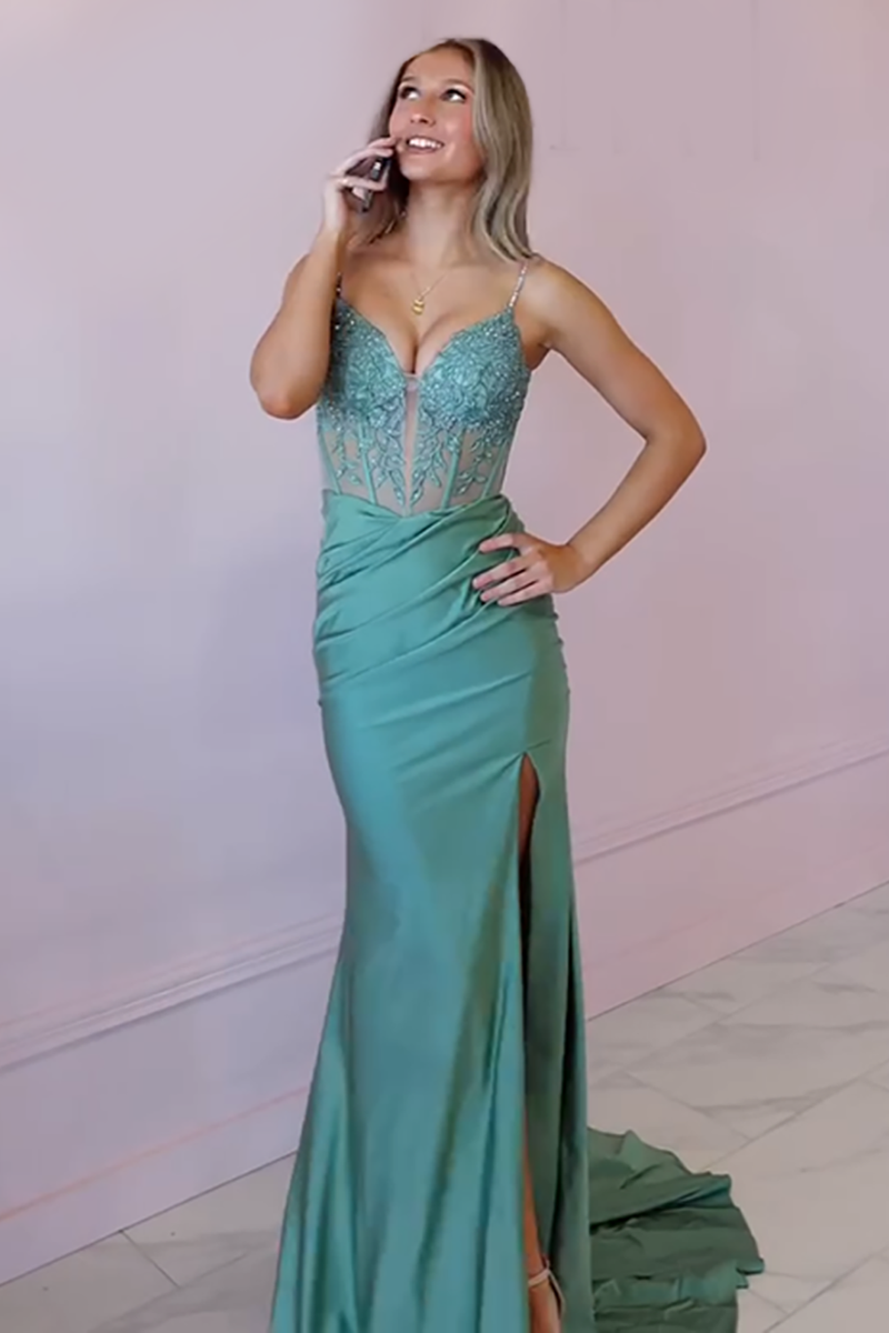 Load image into Gallery viewer, Navy Spaghetti Straps Mermaid Appliqued Corset Maxi Prom Dress with Slit