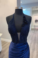 Load image into Gallery viewer, Sparkly Navy Beaded Mermaid Halter Maxi Prom Dress