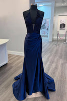 Load image into Gallery viewer, Sparkly Navy Beaded Mermaid Halter Maxi Prom Dress