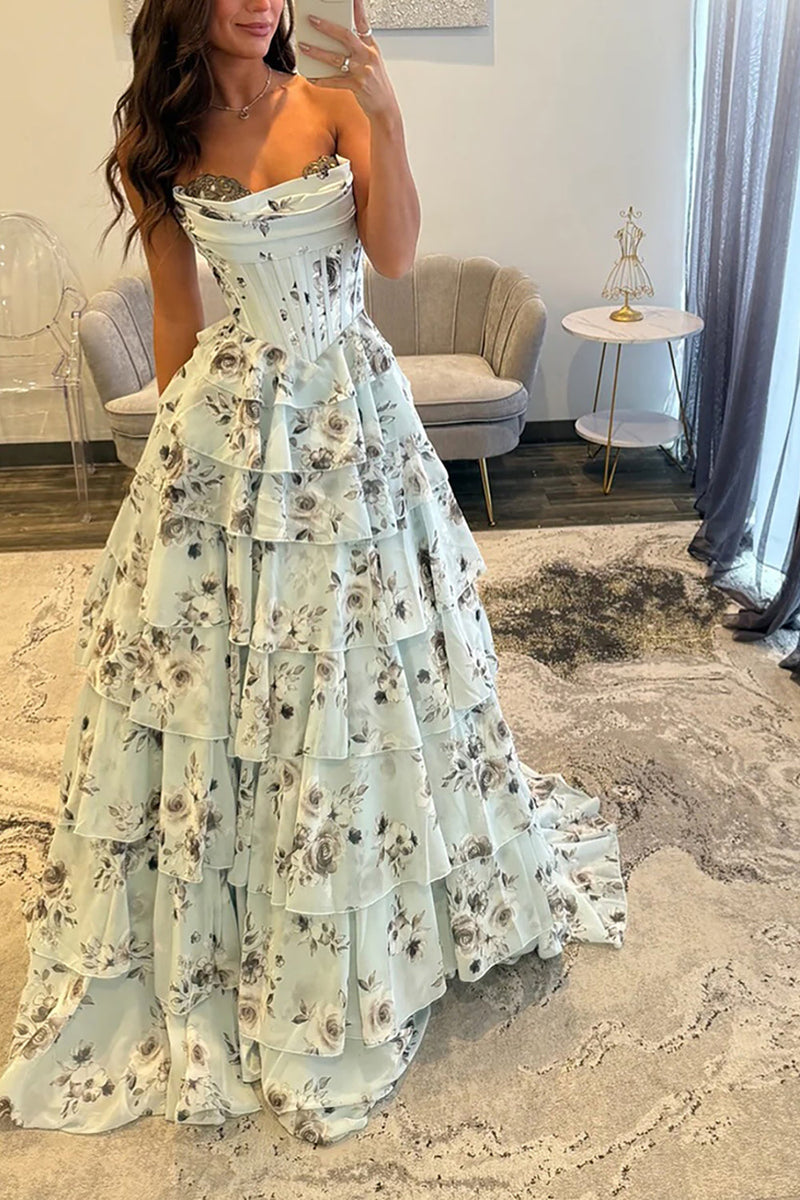 Load image into Gallery viewer, Light Green Flora Beaded Strapless Maxi Corset Prom Dress with Ruffles