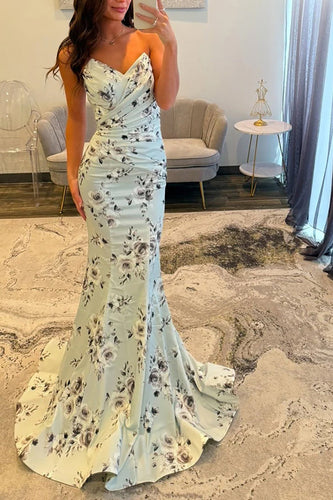 Light Green Floral Strapless Mermaid Ruched Maxi Prom Dress