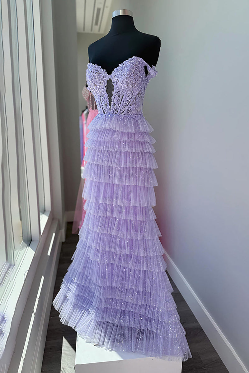 Load image into Gallery viewer, Sparkly Lilac Off the Shoulder Appliqued Maxi Corset Prom Dress with Ruffles